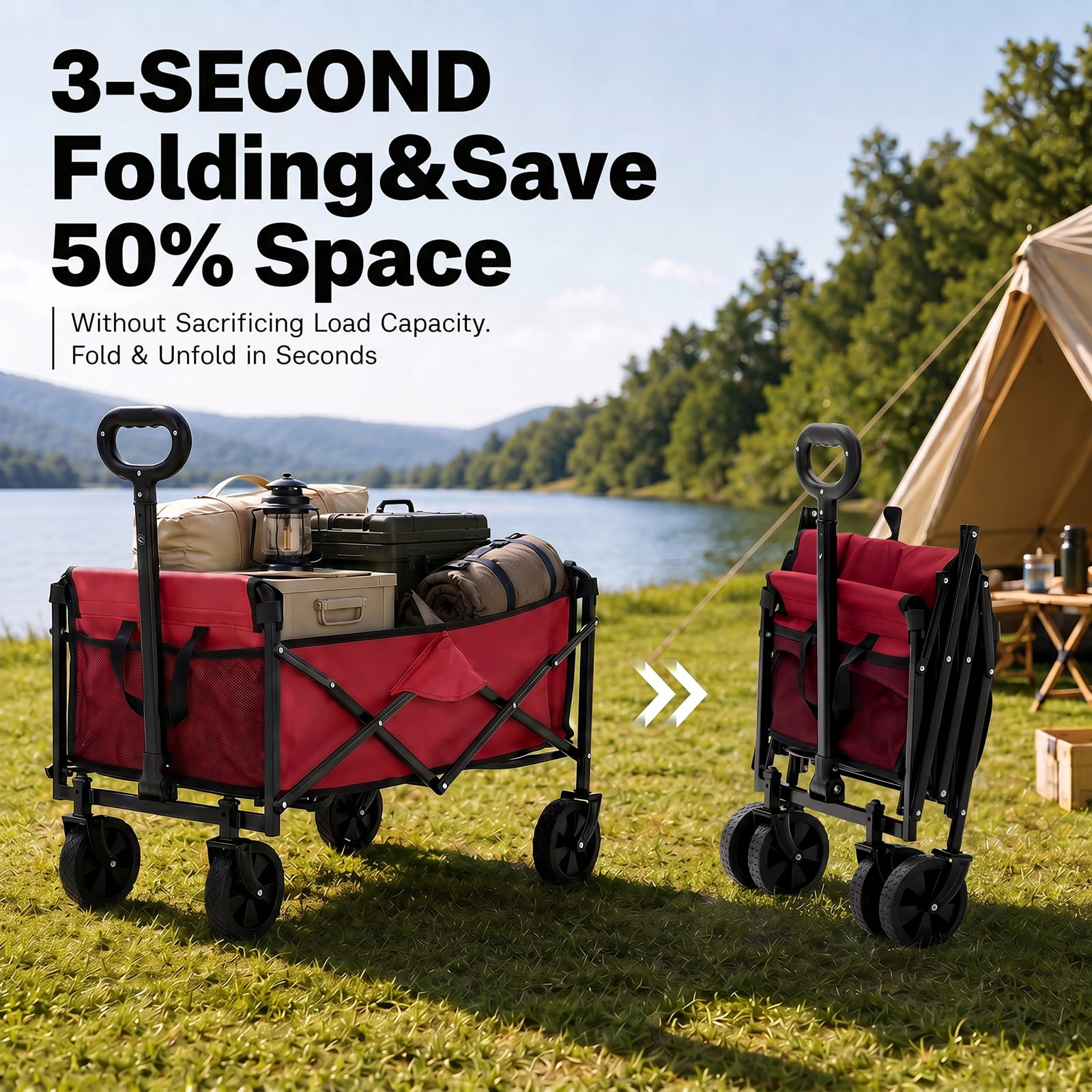 Alvantor Wagons Carts Foldable, 102L 330LBS Capacity Heavy Duty Collapsible Cart with All-Terrain Wheels for Camping Beach Shopping Garden