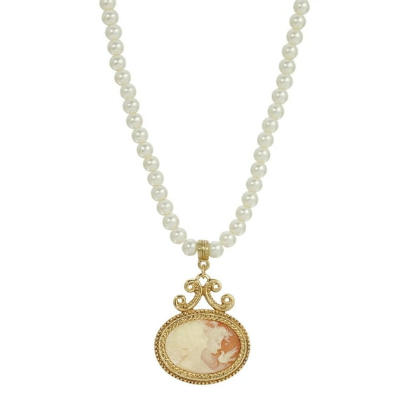 1928 Jewelry Women's 5mm Faux Pearl Strand Twin Muse And Bird Cameo Pendant Necklace 15"   3" Extender