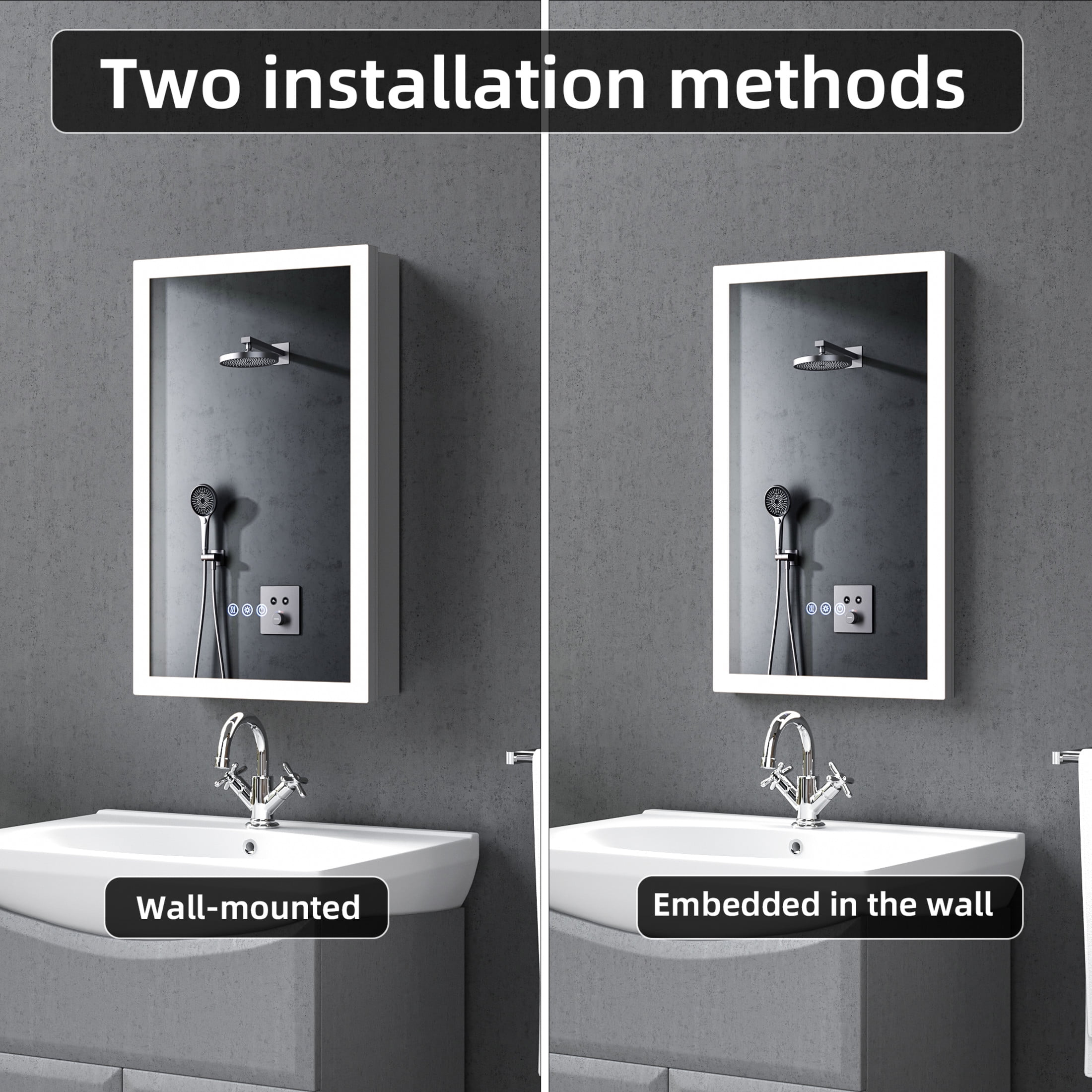 Noble House 16" x 26" LED Lighted Medicine Cabinet with Mirror, Adjustable Brightness, Recessed or Wall Mount, Silver