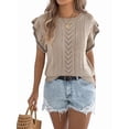 thumbnail image 3 of Women Cap Sleeve Tops Summer Crew Neck Shirt Crochet Knit Sweater Khaki S, 3 of 9