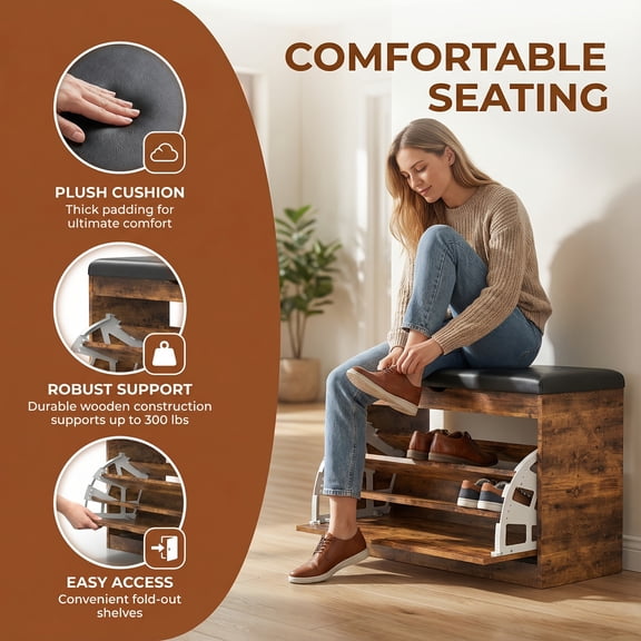 Storage Bench Entryway with Cushion, Shoe Rack Bench with Storage with 3-Tier Flip Drawer, Shoe Cabinet Organizer with Hidden Space for Hallway Mudroom