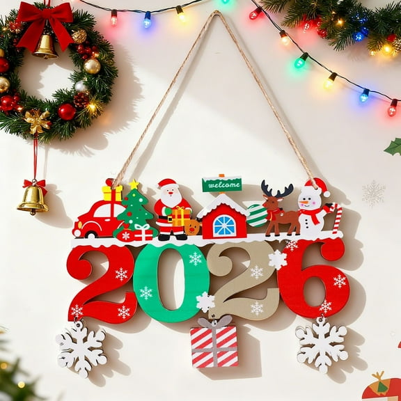 YUNOVA 2026 Christmas Wooden Hanging Sign, 14.4x11.8 Inch Festive Ornament with Santa Snowman Reindeer Welcome, for Xmas Tree Door Wall Mantle Holiday Home Decor