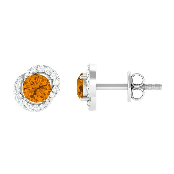 Rosec Jewels Natural Citrine Stud Earrings with Diamond for Women (1.25 CT, AAA Grade), 925 Sterling Silver