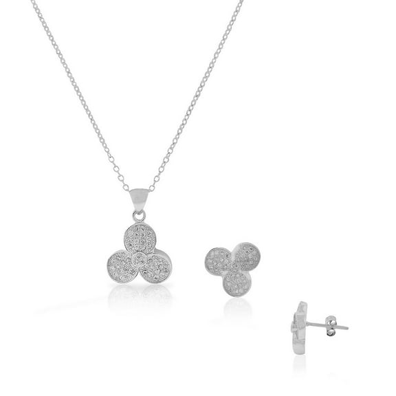 925 Sterling Silver White Clear CZ Flower Stud Earrings Pendant Necklace Set