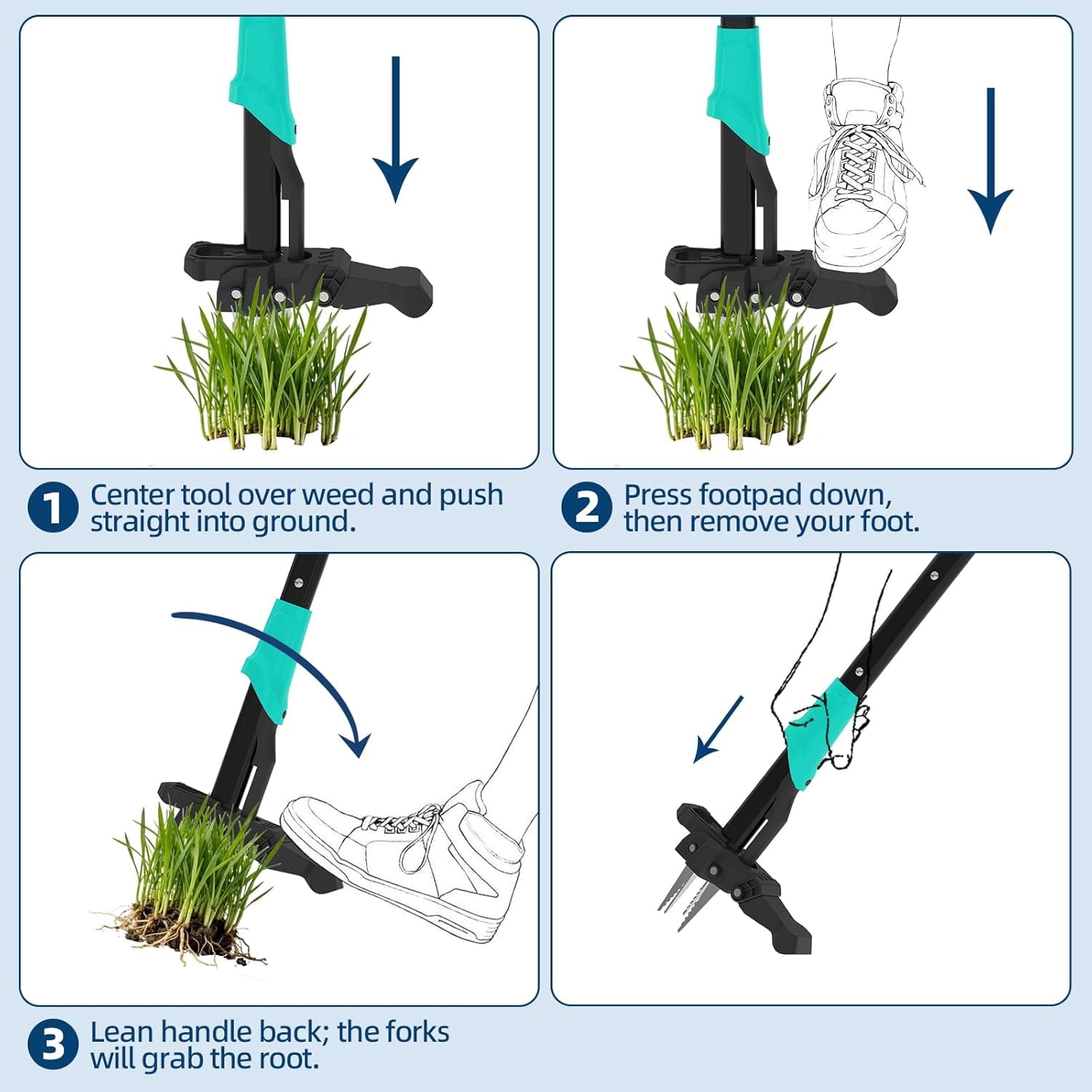 Acekid 4-Claw Stand Up Weed Puller, Gardening Hand Weeding Tool with 40" Handle, Light Blue