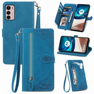 for Motorola Moto G42 Wallet Case, [Flower Embossed] Premium PU Leather Wallet Flip Protective Phone Case Cover with Card Slots and Stand with Wrist Strap for Motorola Moto G42,Blue