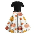 thumbnail image 3 of Alkepwun Halloween Dresses for Women Pumpkin Print Short Sleeve Midi Dress Halloween Costumes Vintage A Line Swing Party Dress with Belt, 3 of 3