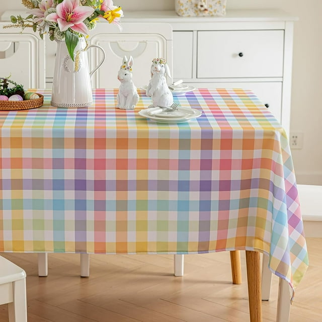 Spring Easter Checkered Tablecloth - 102x60" Waterproof Buffalo Plaid, Washable Rectangle Cover for Kitchen Party Dinner Decor