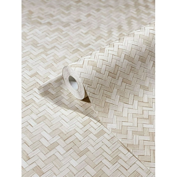 Concord Wallcoverings Textured Wallpaper Fabric wicker Weave Tile, Beige Cream, 21 In x 33 Ft (56 sq. ft), 33333