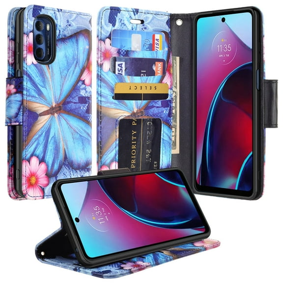 SPY CASE Case for Moto G 5G 2022 Phone Case [Kickstand] Leather Wallet Case Cover Pouch for Girls Women - Blue Butterfly