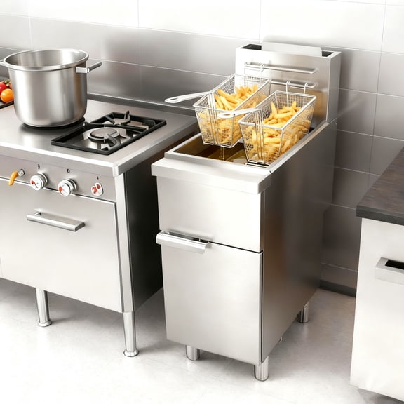 imerelez Commercial Propane Deep Fryer, 90,000 BTU with 40 lbs Capacity, 3-Burner Stainless Steel Floor Standing Fryer for Restaurant, Dual Baskets & Adjustable Temperature