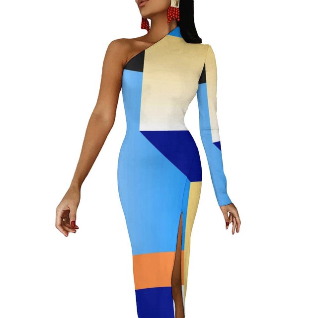 Vibrant Color Block Maxi Dress One Shoulder Abstract Geometric Aesthetic Bodycon Dresses Summer Dress Woman Pattern Vestido