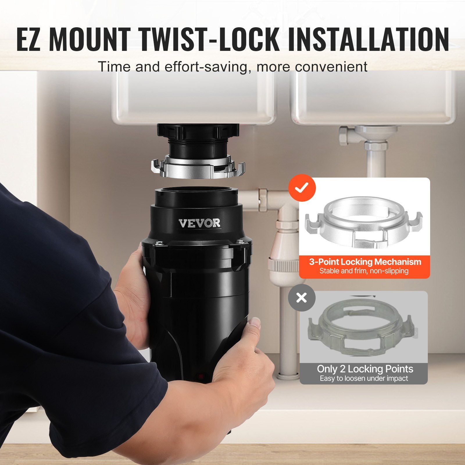 1/2 HP 3450 RPM Continuous Feed Garbage Disposal Food Waste Disposer with EZ Connect Grinding System Power Cord Splash Guard for Kitchen Sinks
