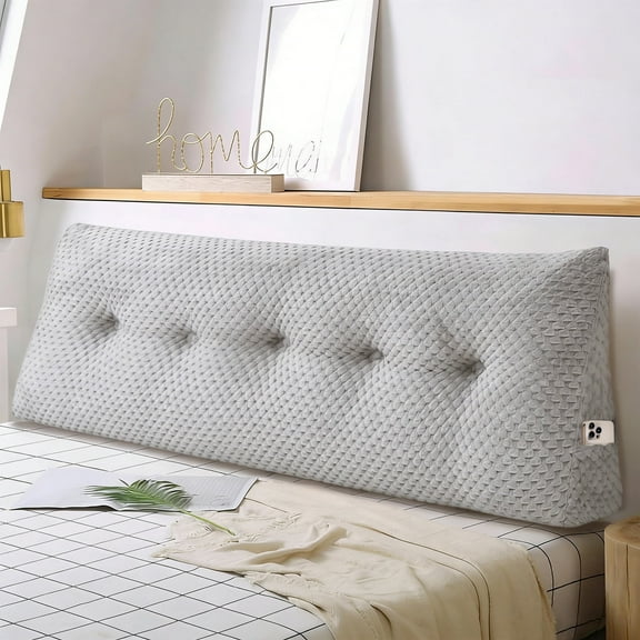 SUSUZI Velvet Soft Triangular Wedge Headboard Pillow – Queen Size 59"x20"x8" Reading Pillow Lumbar Support Cushion with Side Pockets (Machine Washable, Gray)