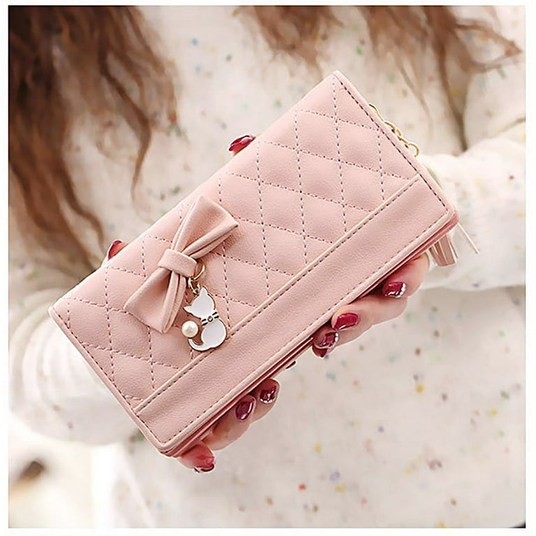 UTO Long Wallet for Women PU Leather Bifold Cute Cat Purse Phone Card Holder Clutch with Tassel Zipper Pocket Pink