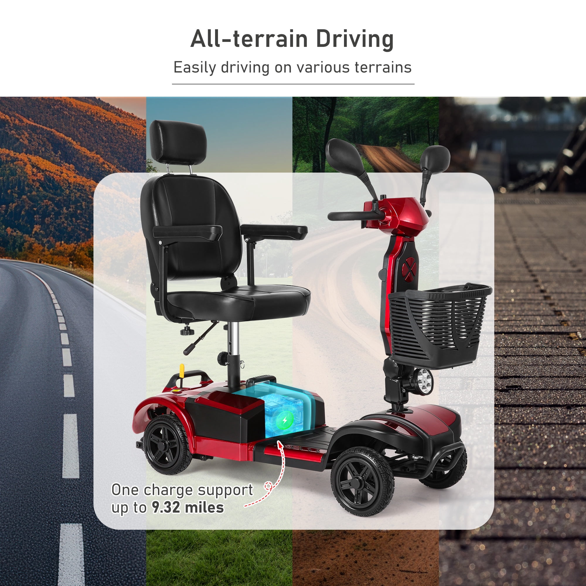 MaxKare 4-Wheel Mobility Scooter for Seniors, Heightened Thickened Seat with Pillow, Foldable Powered Mobile Wheelchair with Light & Basket for Travel, 330lbs, Red