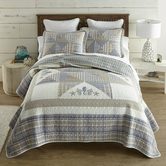 Donna Sharp Coastal Star 2PC Embroidered Pieced Cotton Twin Quilt Set