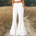 thumbnail image 2 of Women's High Waist Double Tier Ruffle Hem Flare Pants, Soft Bell Bottom Trousers with Pockets, Stretchy Casual Wide Leg Lounge Pants for Daily Wear White XL, 2 of 4