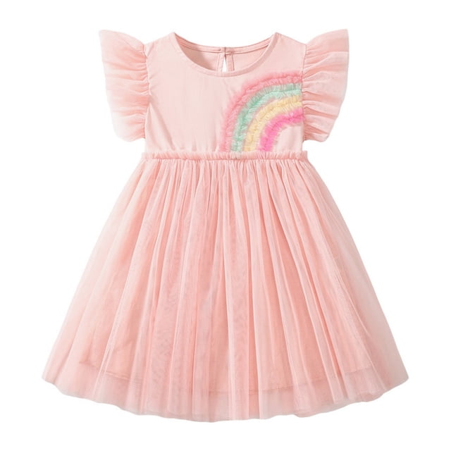 Robes d'Été en Dentelle pour Filles Tout-Petits Manches Courtes à Volants Robe Midi Décontractée Robe Fille Taille 3-4T