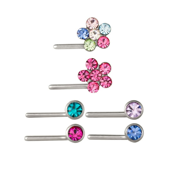 HOTSILVER Nose Studs Surgical Steel L-Shapes with Bright Crystal Flowers