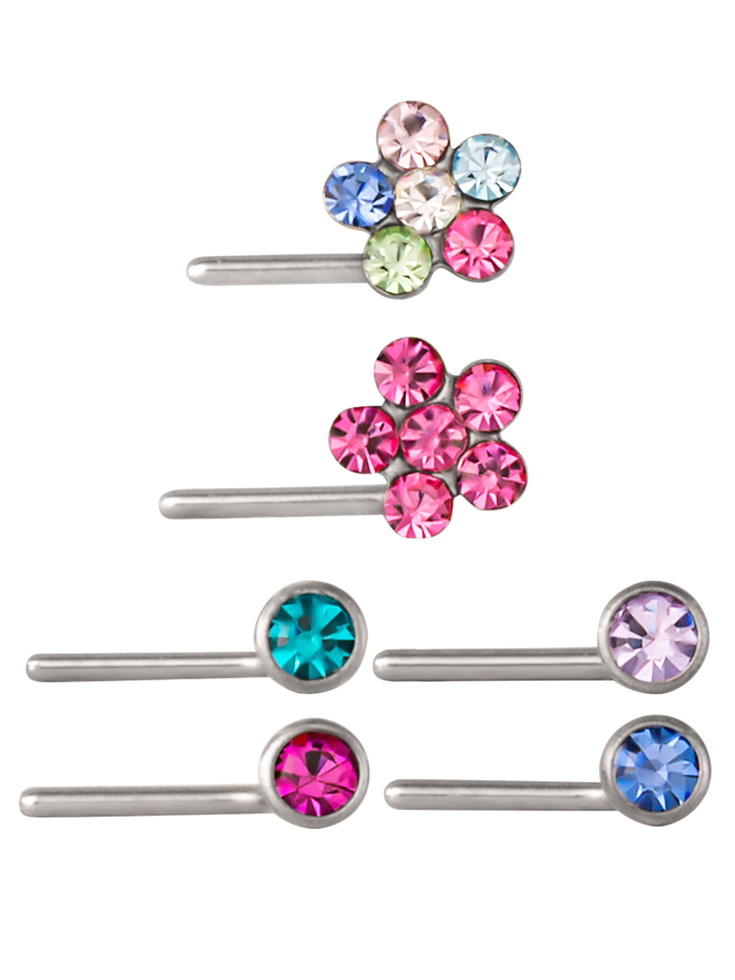 Hotsilver Surgical Steel L-Shape Nose Studs with Bright Crystal Flowers