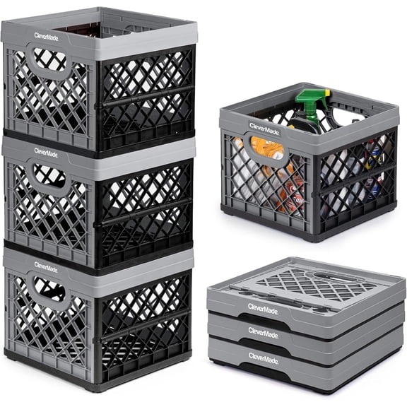 CleverMade Collapsible Milk Crate, Stackable Storage Bin - 6 Gal Stone, 3 Pack