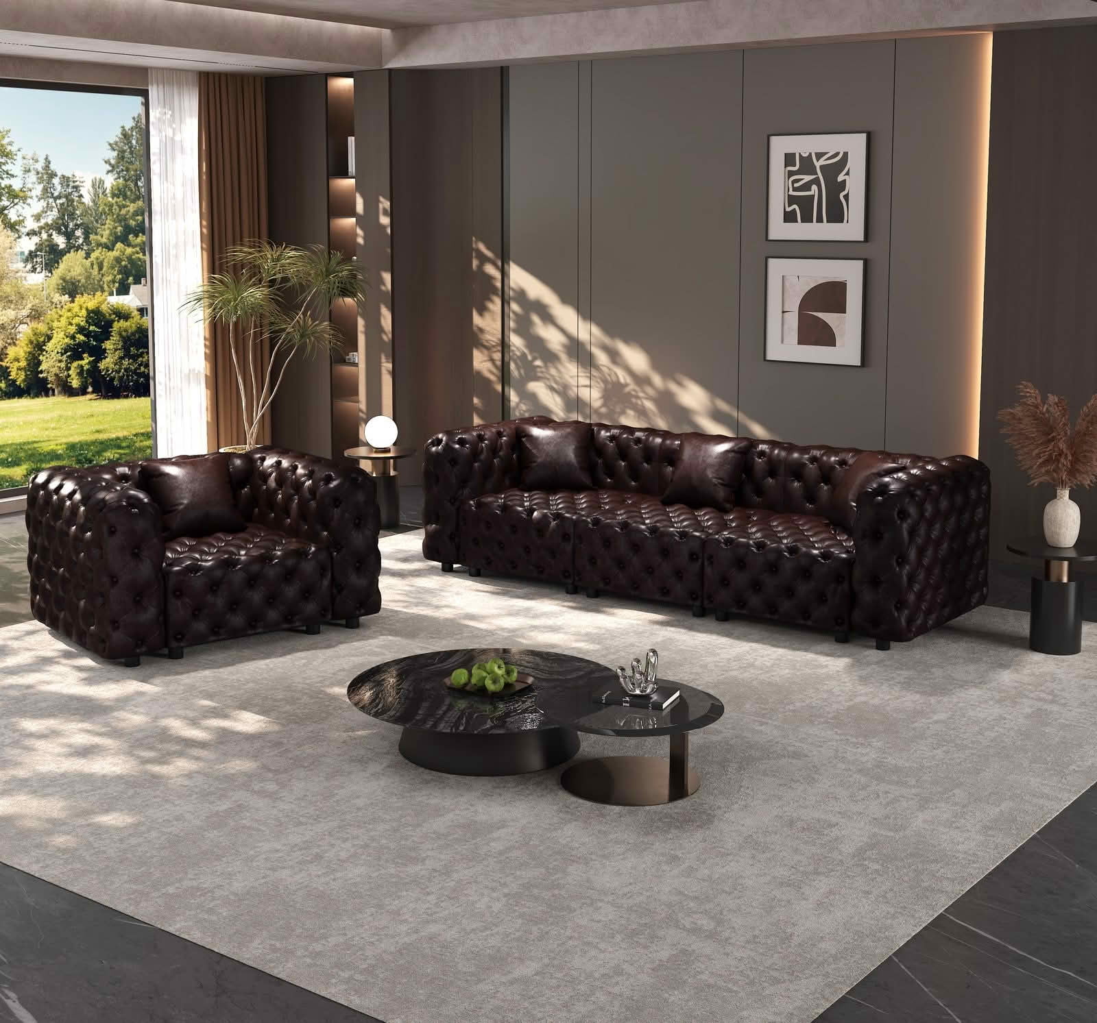 MAYEERTY 105.7 Inch Faux‑Leather 3‑Seat Modular Sofa Set, Handcrafted Button Tufted Couch with Ottoman & 3 Pillows for Living Room & Small Apartment