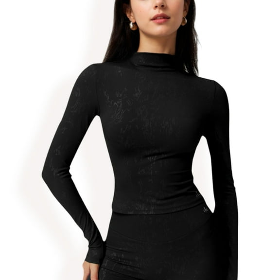 Women's High Neck Long Sleeve Active Top with Subtle Pattern - Medium, Black