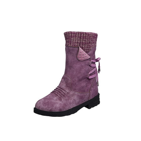 

Rockomi Women Mid-Calf Boots Lace Up Winter Boot Low Heel Shoes Ladies Comfort Casual Non-slip Side Zipper Purple US 8