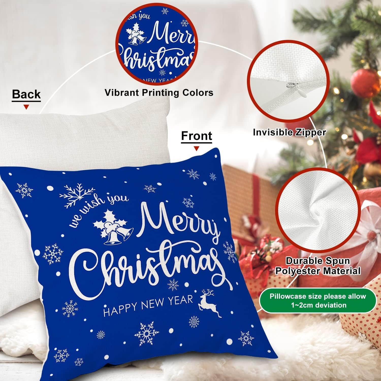 Christmas Throw Pillow Covers 18x18 Set of 4, Merry Christmas Winter Xmas Snowflake Decorative Holiday Cushion Pillow Cases 18 x 18 for Outdoor Indoor Farmhouse Home Room Couch Decor (Blue)