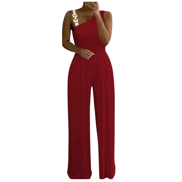 TrendOFT Combinaison d'Été pour Femmes Décontractée Grande Taille Col en V Sans Manches Bretelles Spaghetti Jambes Larges Combinaisons pour Femmes une Pièce Rouge m