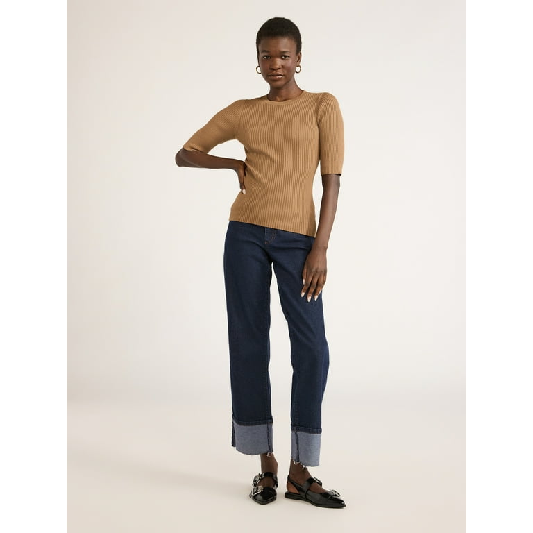 Scoop Women's Rib Knit Sweater with Elbow Length Sleeves Scoop Women's Rib Knit Sweater with Elbow Length Sleeves