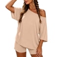 thumbnail image 2 of Sheghy 2 Piece Sets for Women Plus Size Women Solid Off Shoulder Loungewear Set Short Sleeve Top & Shorts 2 Piece Summer Daily Commuter Outfit, 2 of 7