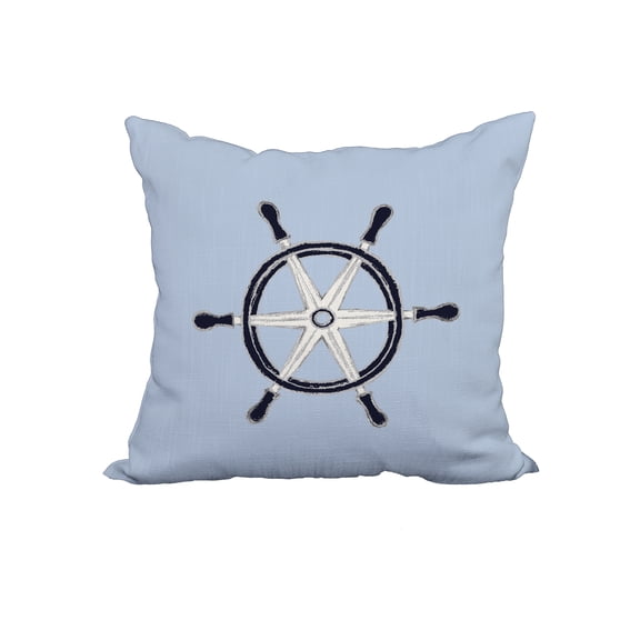18 x 18 Inch Ship Wheel Blue Geometric Print Decorative Polyester Throw Pillow with Linen Texture