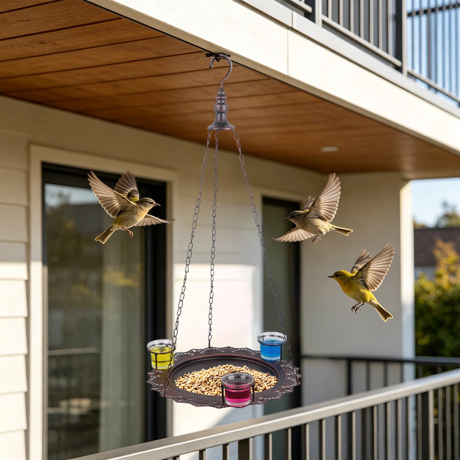 Large Capacity Hanging Bird Feeder, Open Tray Feeder with Metal Hanger, Durable Outdoor Bird Feeder for Garden, Brown
