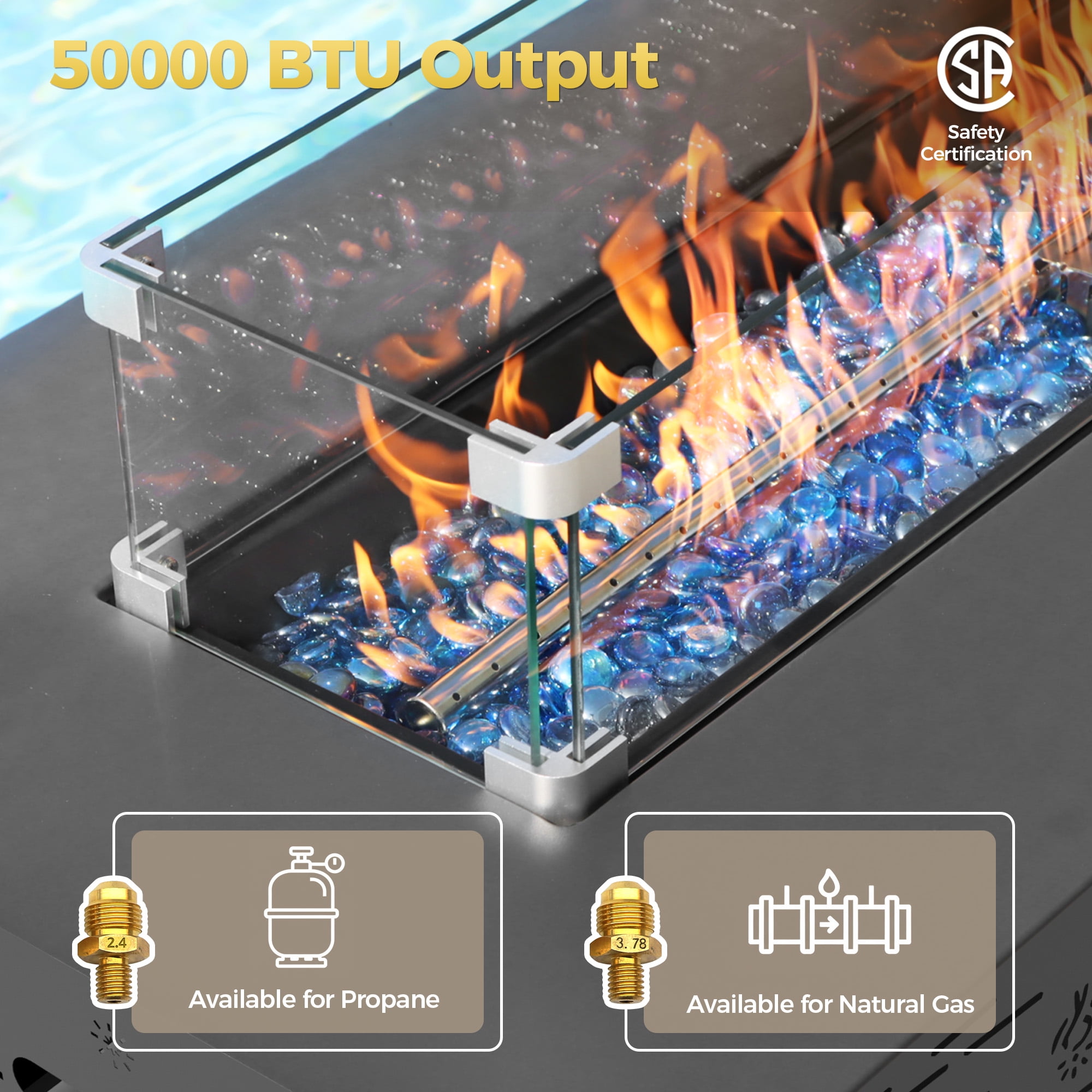 RADIATA 42" Rectangle Fire Pit Table, Dual-Fuel (Propane or Natural Gas), 50000 BTU,LED Rabbit Light, CSA Certified, Dark Gray