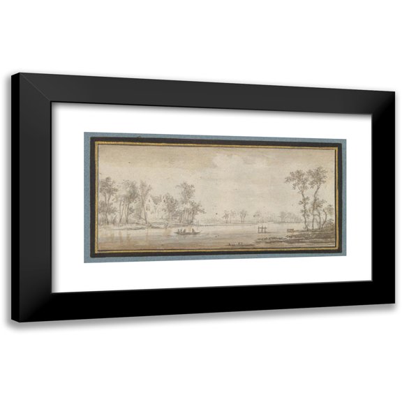 David Colijns 14x9 Black Modern Framed Museum Art Print Titled - River with House and Rowboat (17th Century)