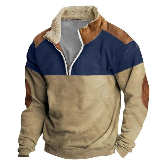 Hogleaql Quarter Zip Pullover for Men Long Sleeve Comfy Stand Collar Vintage Sherpa Fleece Pullover Jackets Color Block Thick Lightweight Thermal Sweatshirts Patched Padded Khaki L