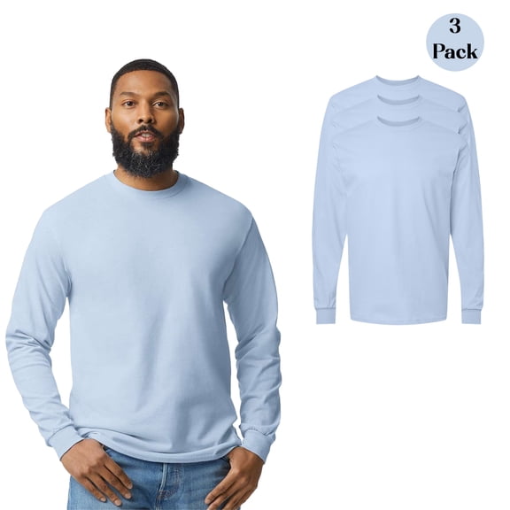 Gildan Men's Heavy Cotton Long Sleeve T-Shirt, Soft Durable Crewneck Tee, Light Blue, 3-Pack, S