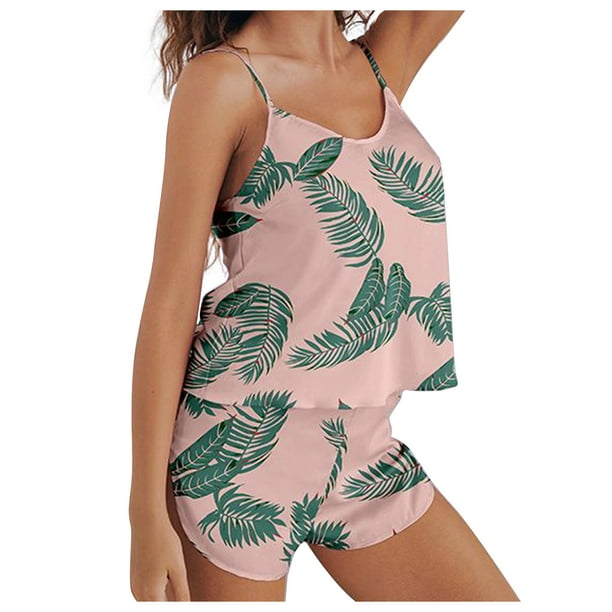 ICHUANYI Liquidación Mujer Casual Homewear Sin Mangas Cuello Redondo Tops Pantalones Cortos Color Noche Pijamas Trajes ICHUANYI WER202308173282