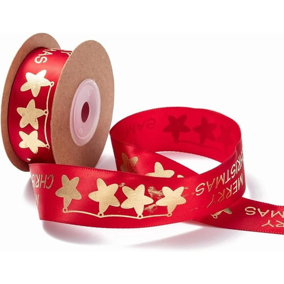 30 Yards 1 Inch Red Christmas Ribbon Star Pattern Print Wired Ribbon Polyester Santa Satin Printed Fabric Ribbons with Spool for diy making