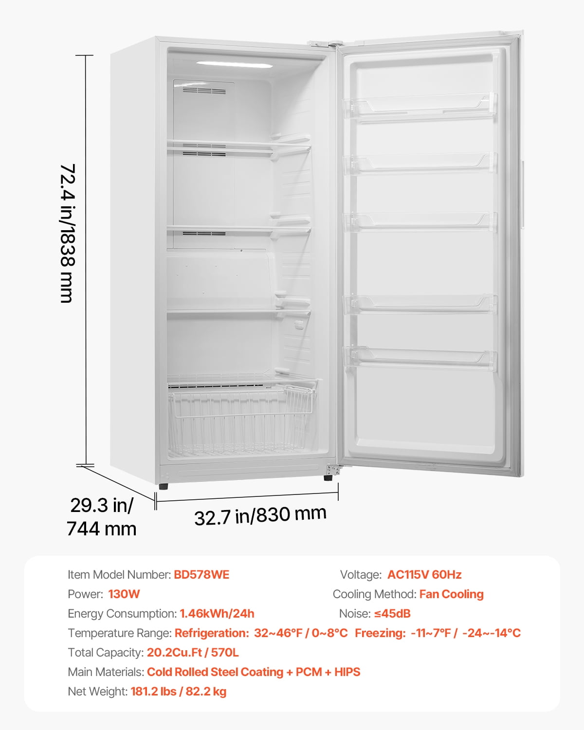 VEVOR Convertible Freezer/Refrigerator,20.2 Cu.Ft Frost Free Upright Freezer with Temp Control Panel, Door Open too Long Alarm,Adjustable Shelves and LED,Standing Fridge for Kitchen,Office,Garage