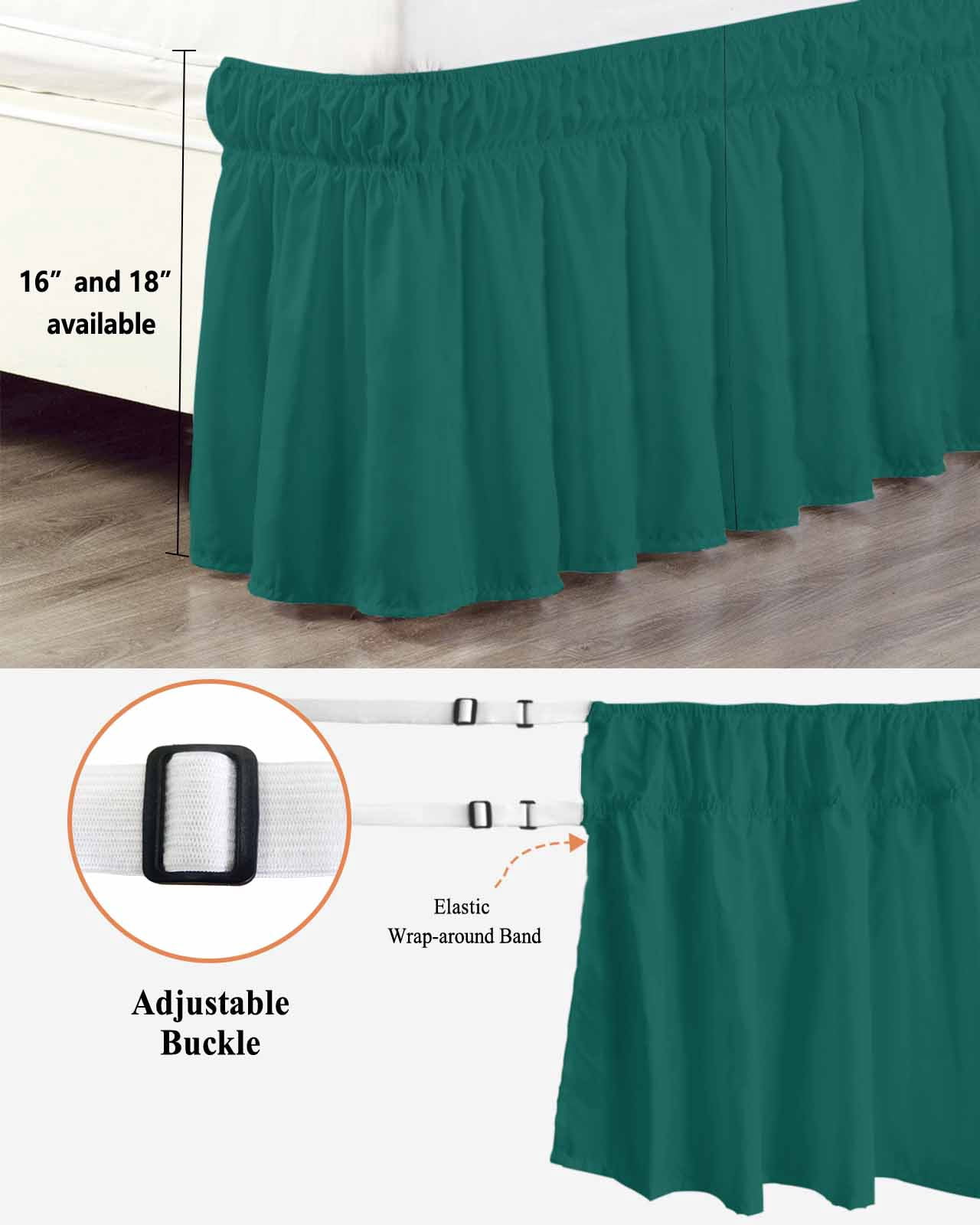 Dark Green Wrap Around Bed Skirts for Queen Bed 18" Drop, Bed Skirt with Adjustable Elastic Belt Dust Ruffle Bed Valance for Bedroom Hotel Luxury Modern Pure Dark Green Bed Frame Cover
