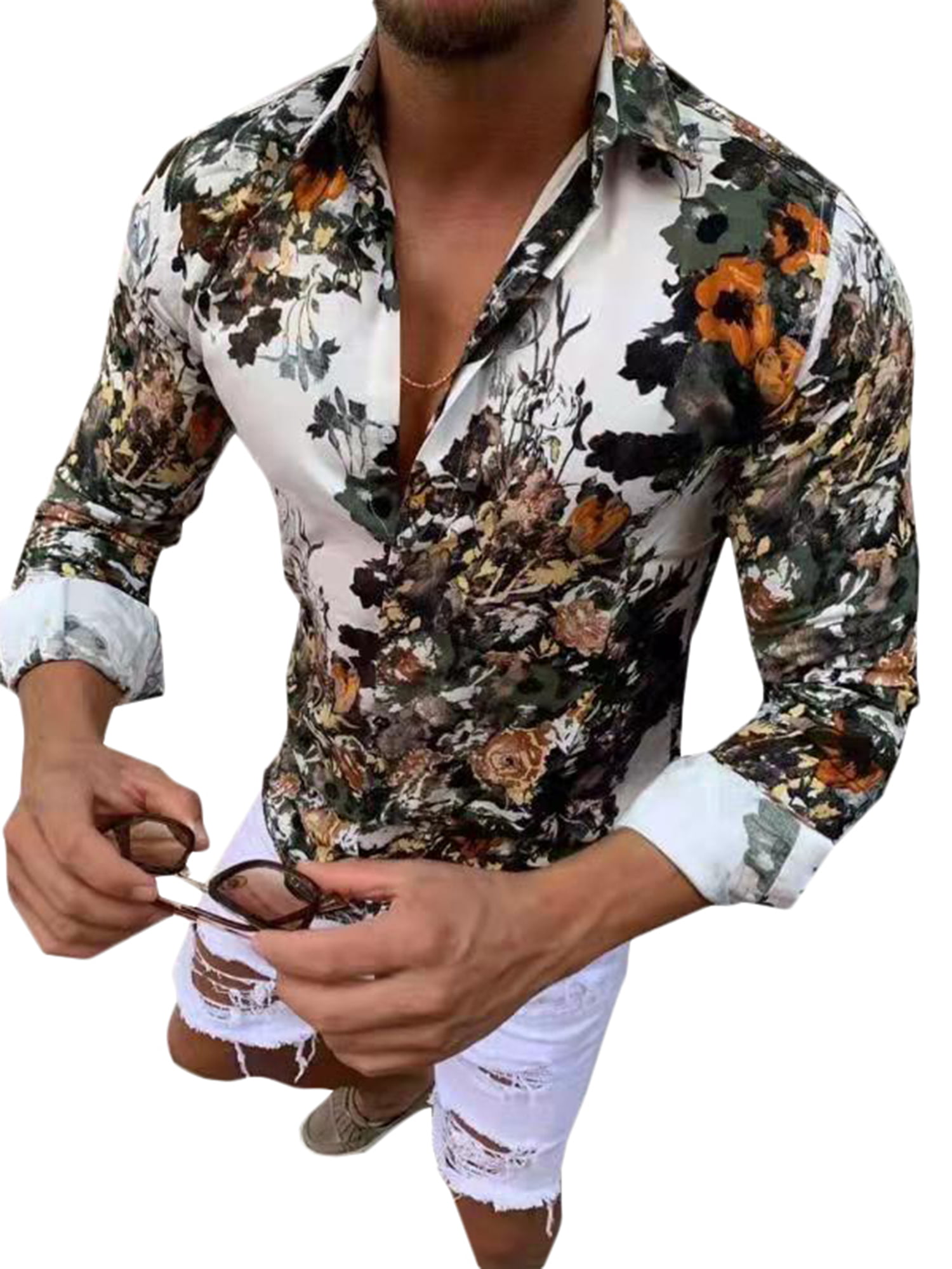 Mens Casual Print Long Sleeve Shirts Slim Fit Button Down Lapel Shirt Top Blouse 
