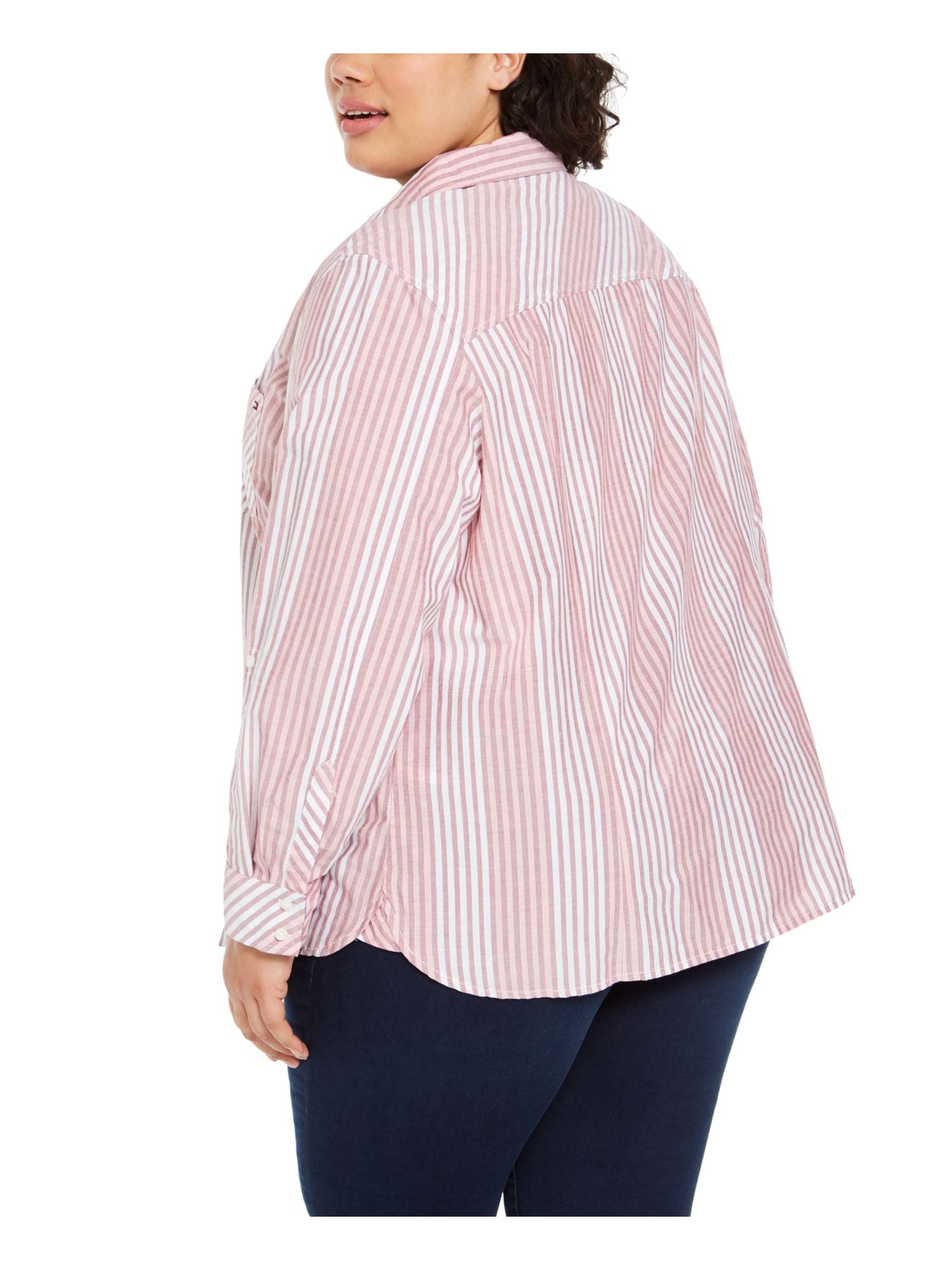 Pink Plus HILFIGER Button Top Sleeve 0X Womens TOMMY Collared Up Striped 3/4