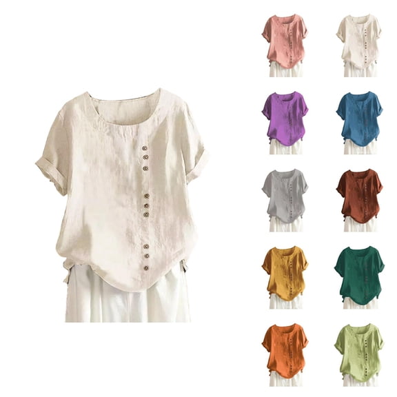 Womens T Shirts Summer Tops 2025 Solid Color Short Sleeve Crewneck Loose Linen Casual Tees Tshirts Shirts for Women