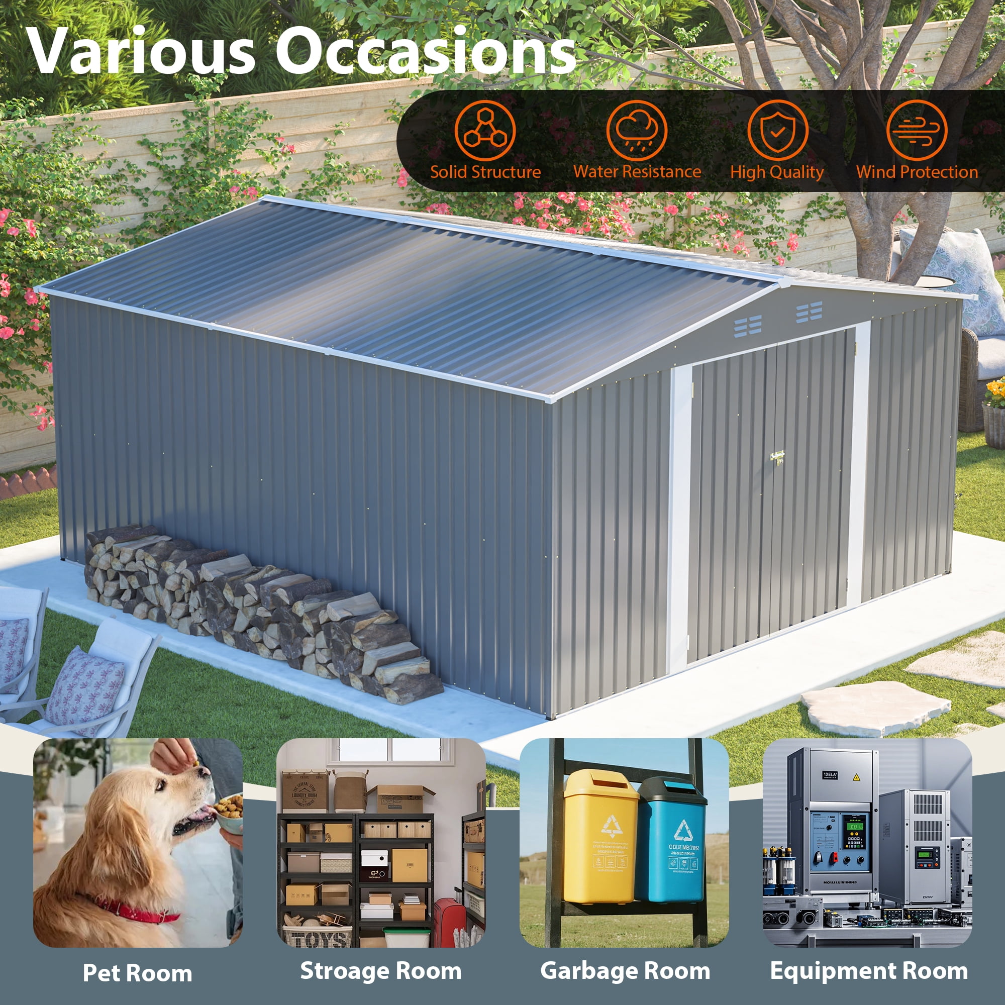 DTTRA 12 x 14 FT Outdoor Metal Storage Shed with Floor Frame Kit, Galvanized Steel Waterproof Garden Shed with Lockable Double Doors and 4 Vents, Building Tool Sheds for Backyard Patio Lawn, Gray
