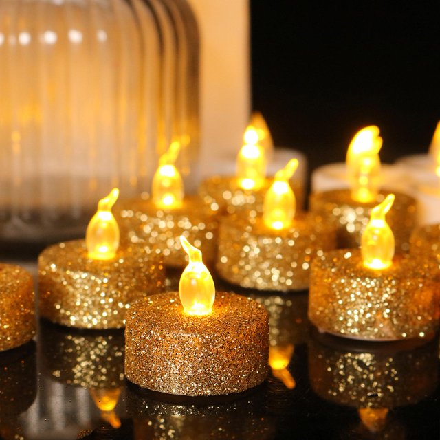 Velas votivas doradas sin llama, paquete de 12 velas LED falsas parpadeantes con purpurina dorada que funcionan con pilas para centros de mesa de bodas, mesas, aniversarios, exteriores,