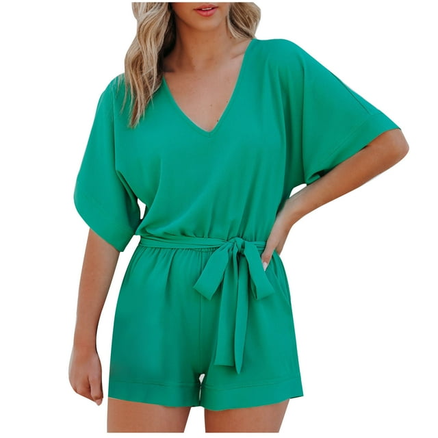 Jumpsuits for Women Casual V Neck Short Sleeve Solid Rompers Tie Waisted Loose Summer Shorts Playsuits with Pockets