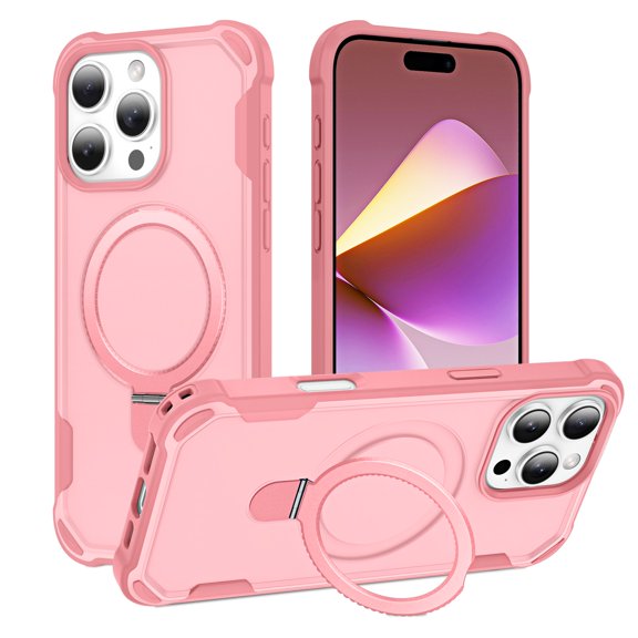 ELEHOLD For iPhone 16 Pro Max Heavy Duty Shockproof Rugged Case Magnetic Rugged Case, MagSafe Compatible, with Invisible and Adjustable Ring Holder Stand, Pink